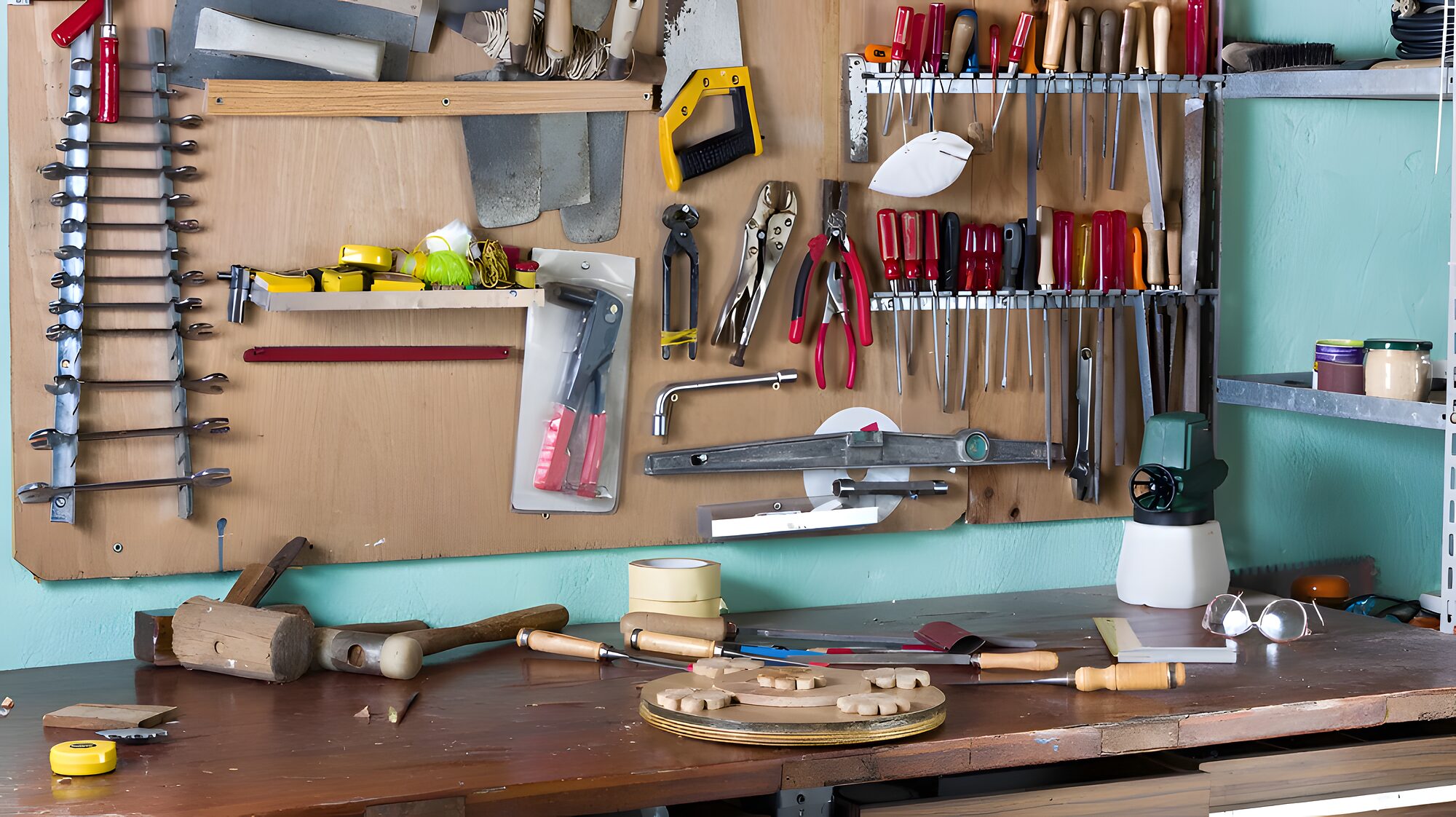 Hand tools and a half-finished panel on the workbench